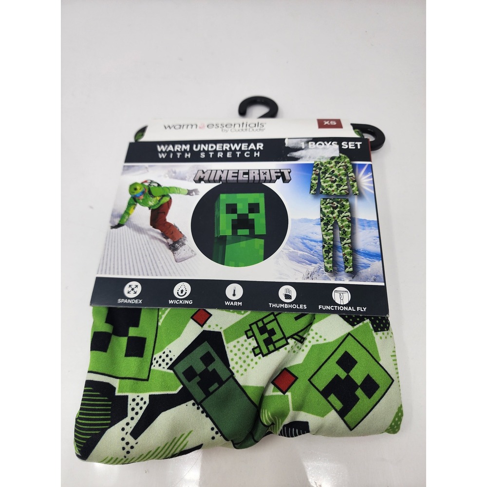 Warm Essentials Boys Minecraft Thermal Underwear Green Poly Blend Set Size XS